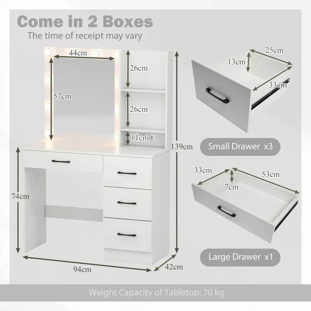 Costway Makeup Vanity Desk w/Lights Dressing Table w/Charging Station &Drawers in White 2