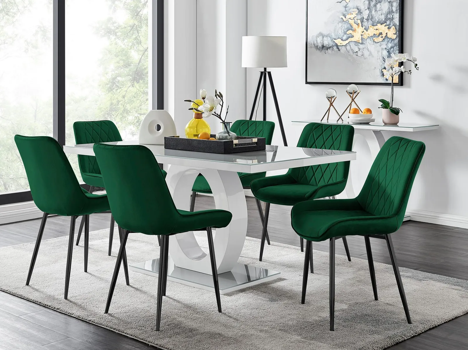 FurnitureboxUK Giovani 6-Seater Grey Glass Dining Table & 6 Pesaro Soft Velvet Dining Chairs in Green 1