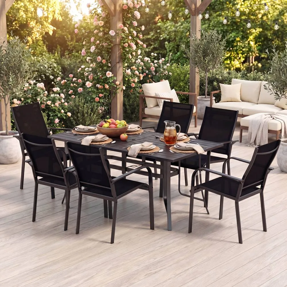Costway 160 CM Patio Dining Table for 6 Rectangle Metal Table w/ Umbrella Hole in Black 5