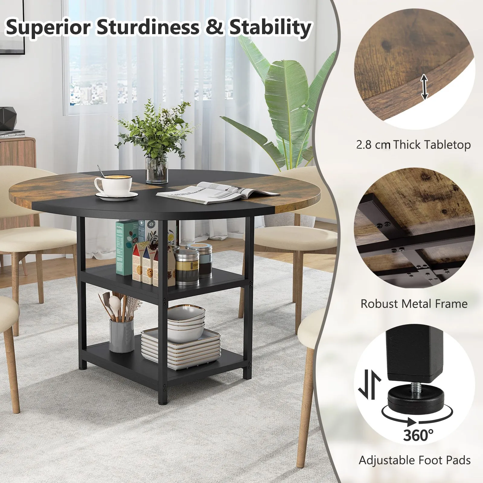 Costway Round Wooden Kitchen Table Dining Table w/ Storage Shlef 2