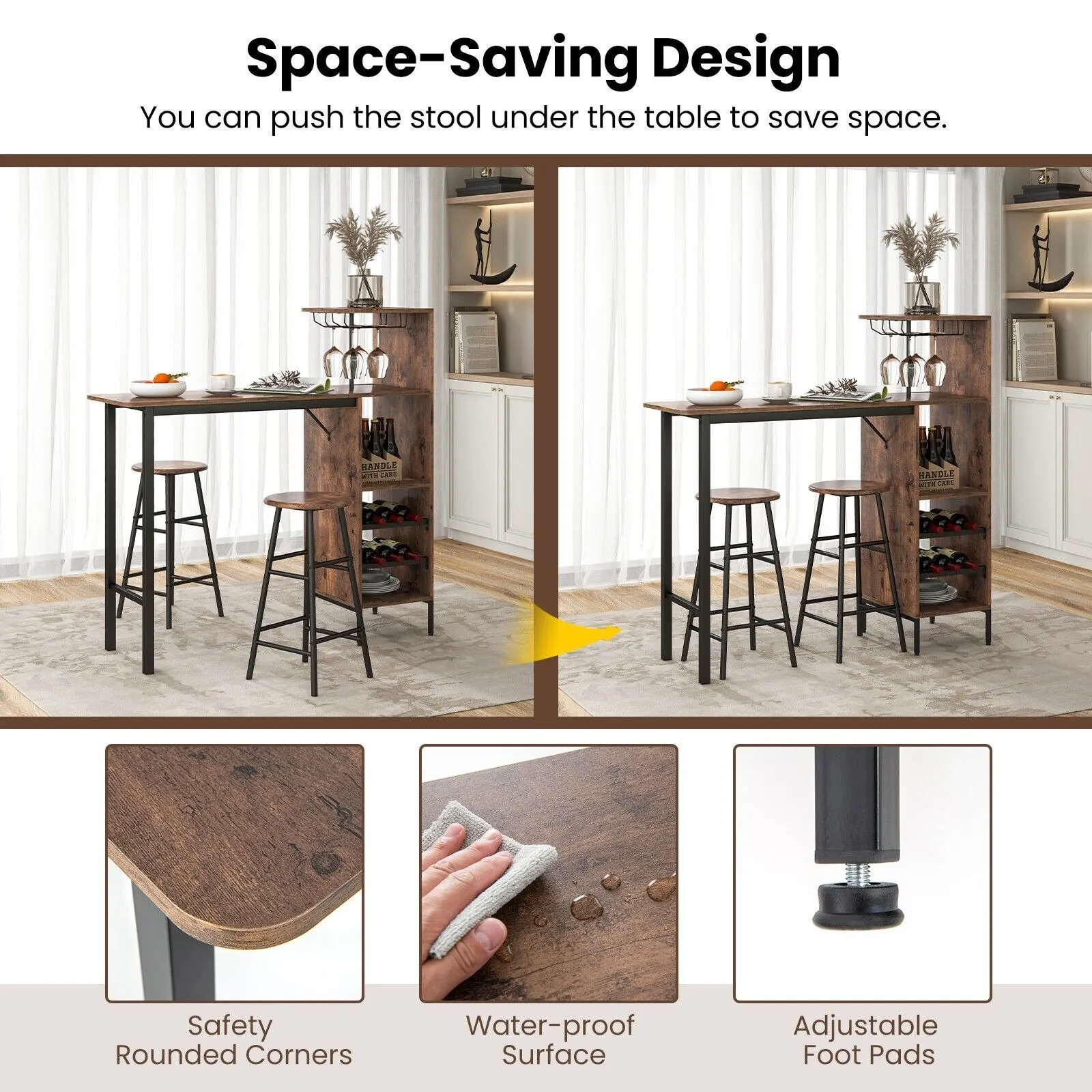 Costway 3PCS Bar Table Chair Set Industrial Dining Table Stools w/ Glass Holders & Wine Racks in Brown 5