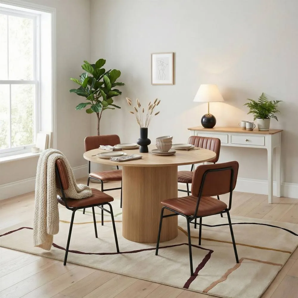 FurnitureboxUK Penrose Oak Effect Round Dining Table & 4 Tan Delta Chairs