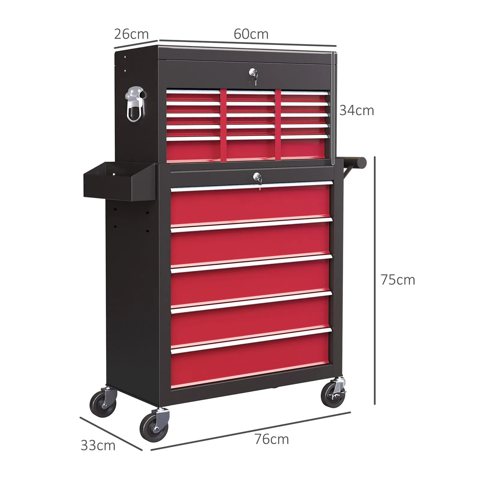 HOMCOM Rolling Tool Cabinet on Wheels with 14 Drawers, Pegboard & Side Rack, Lockable Top Tool Chest & Roller Cabinet Combo for Workshop & Hom in Red 3