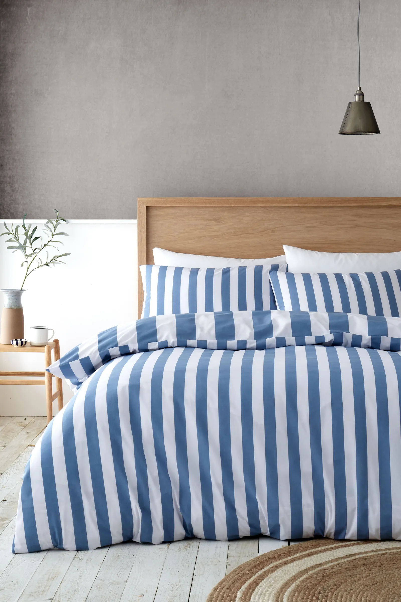 Catherine Lansfield 'Cove Stripe' Reversible Duvet Cover Set in Blue 2