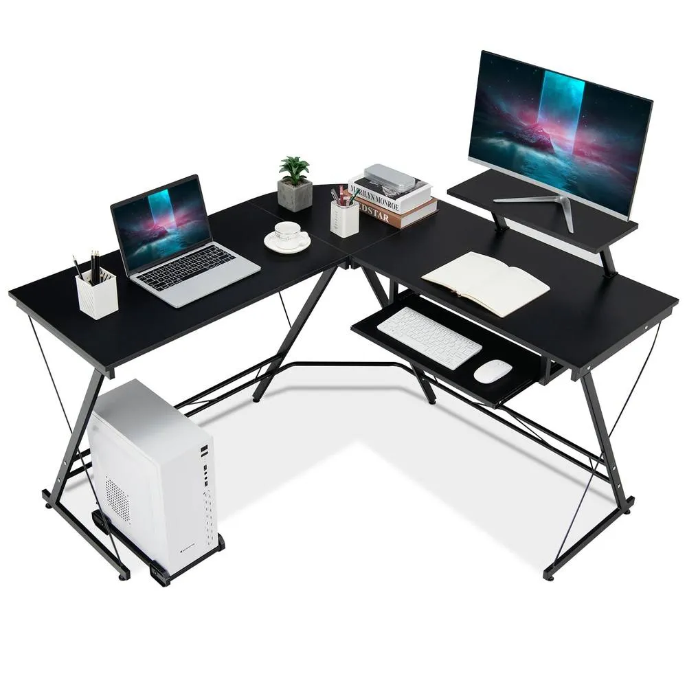 Costway L-Shaped Computer Desk Office Corner Workstation w/ Host Stand in Black