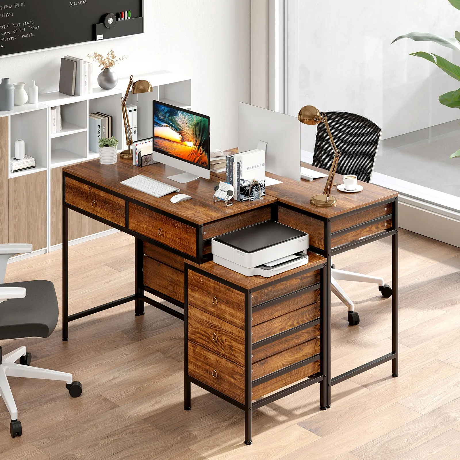Costway Computer Desk Home Office Desk w/ Side File Cabinet & 5 Drawers in Brown 5