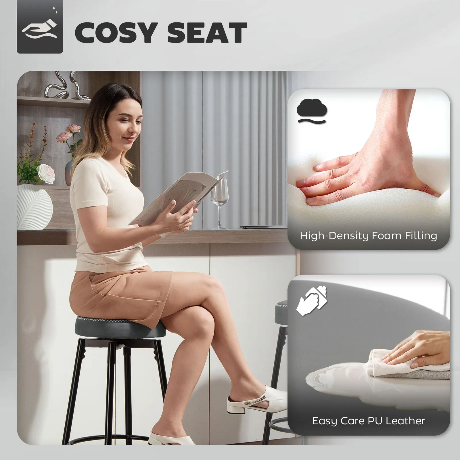 HOMCOM 360 Degree Swivel Bar Stools Set of 2, PU Leather Barstools with Footrest in Grey 6