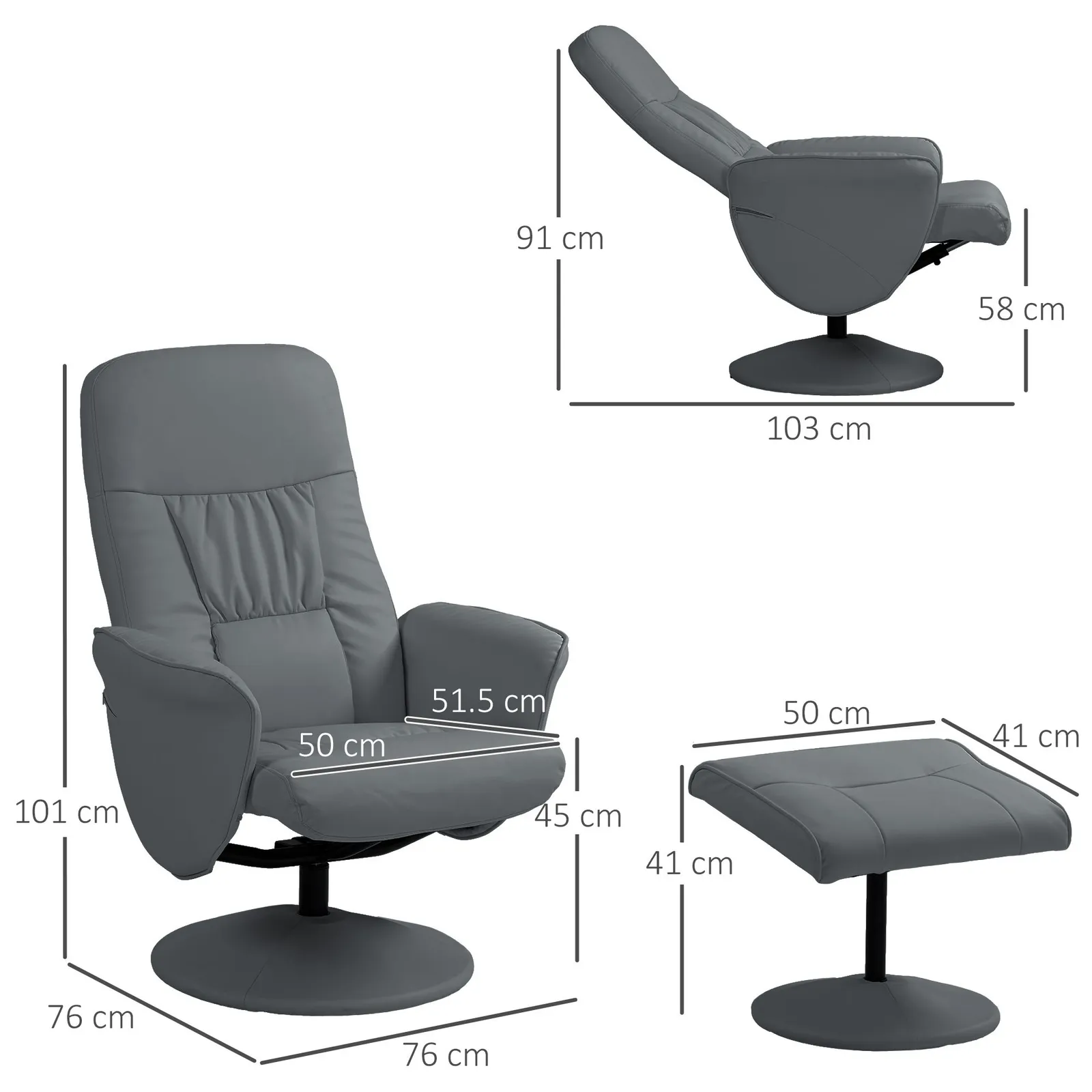 HOMCOM PU Leather Armchair & Footrest Swivel Recliner w/ Ottoman Grey 3
