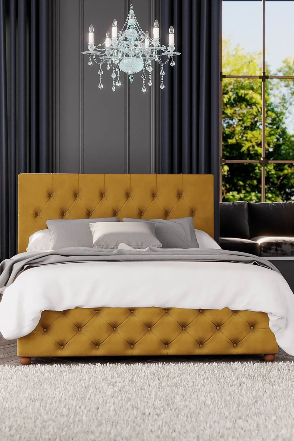 Laurence Llewelyn-Bowen Luna Ottoman Storage Bed in Plush Velvet Fabric, Custom Made in Mustard 1