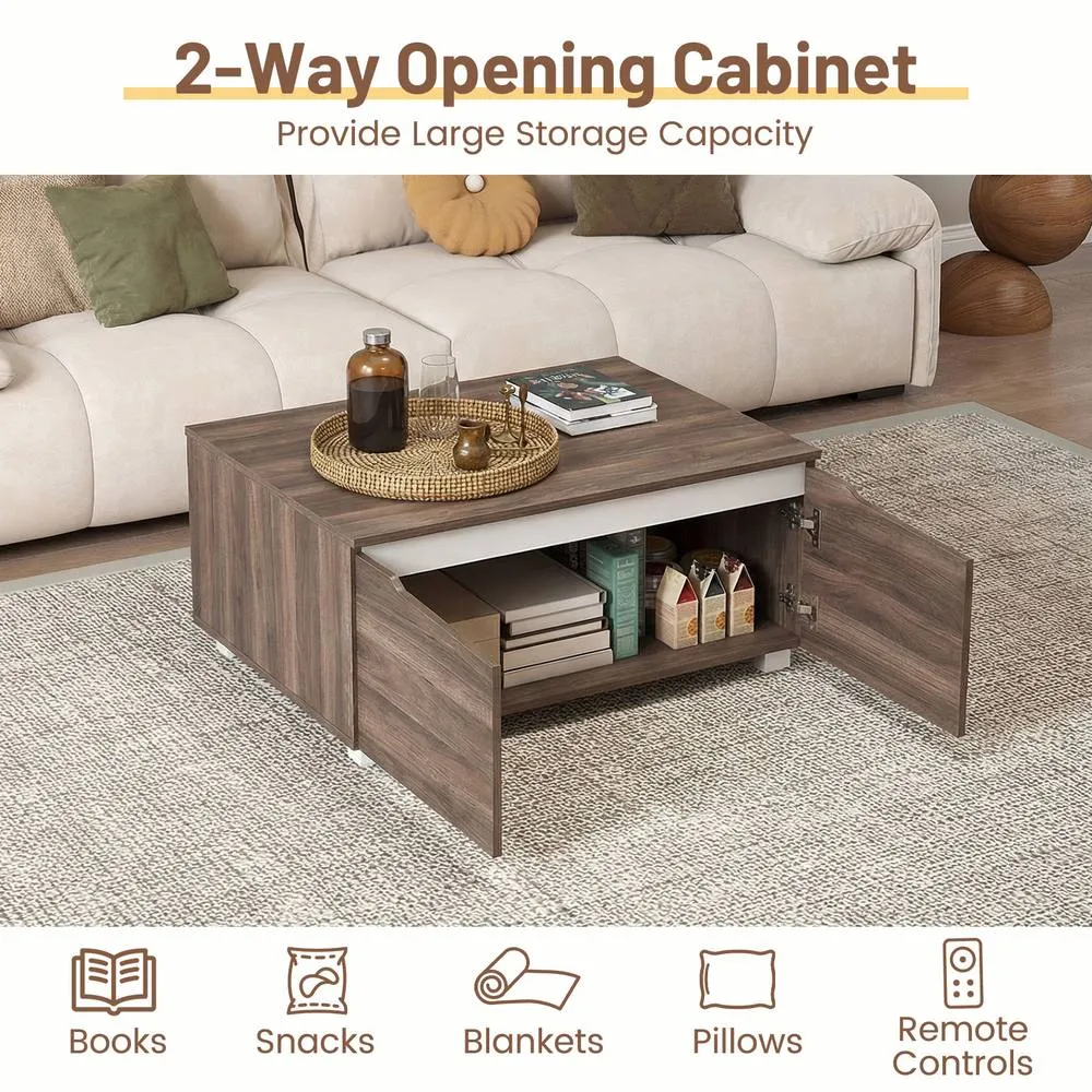 Costway Farmhouse Coffee Table Rustic Accent Cocktail Table with Storage in Brown 3