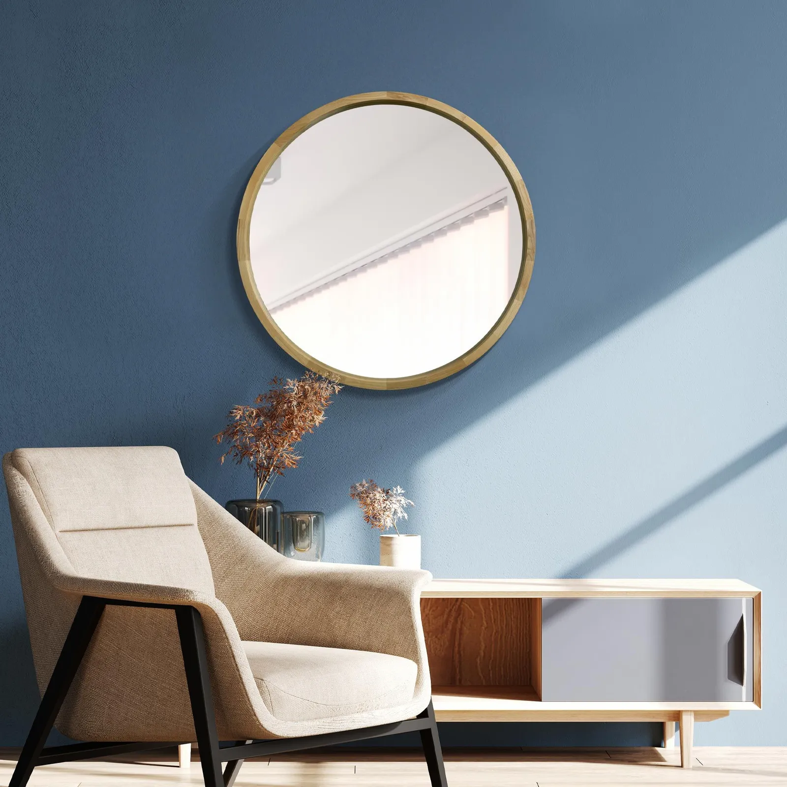 MirrorOutlet Solid Oak Round Deep Dish Framed Mirror 31" X 31" (80CM X 80CM) in Beige 2