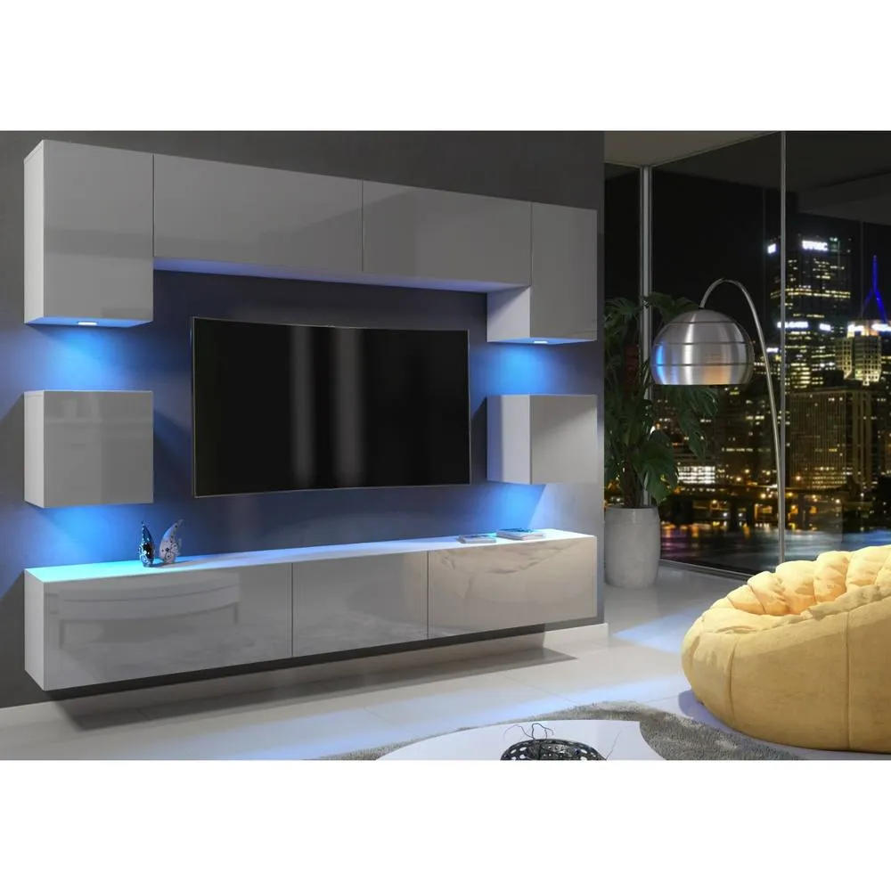 Creative Furniture Panorama Wall TV Unit - White & Grey Gloss Doors & LED Lights 4