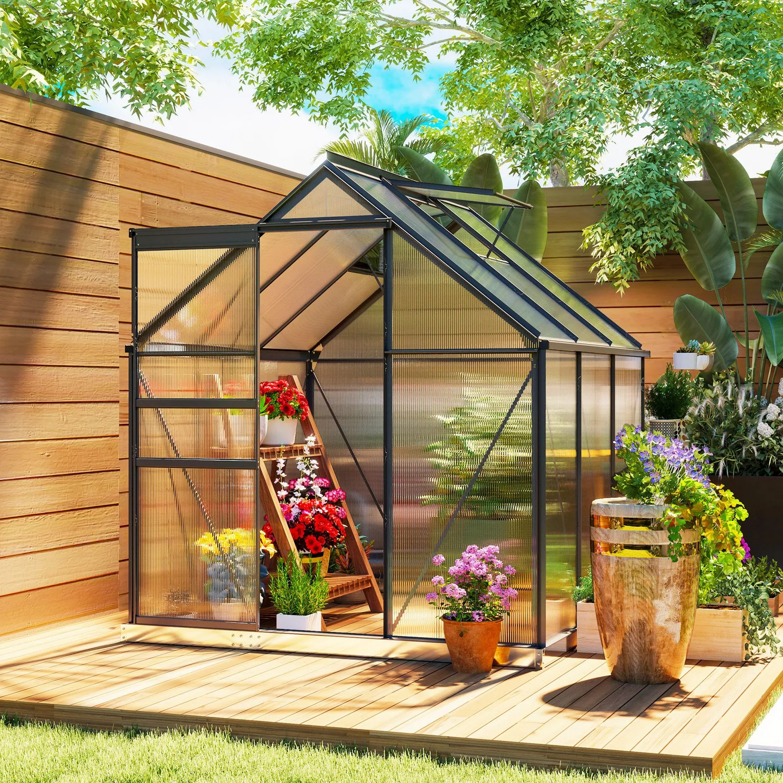 OUTSUNNY Polycarbonate Walk-in Garden Greenhouse w/ Sliding Door Grey