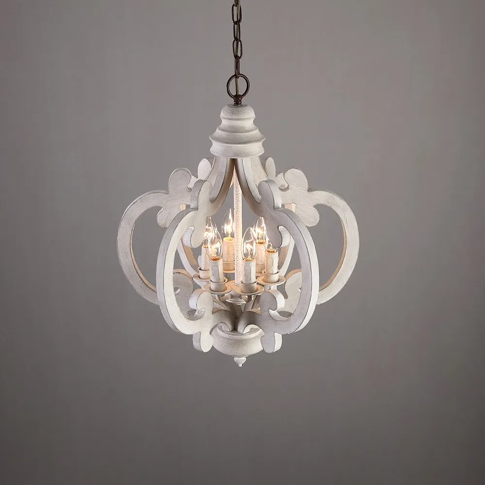 French Country Weathered Wood & Iron 6-Light Candle-Style Chandelier in Distressed White