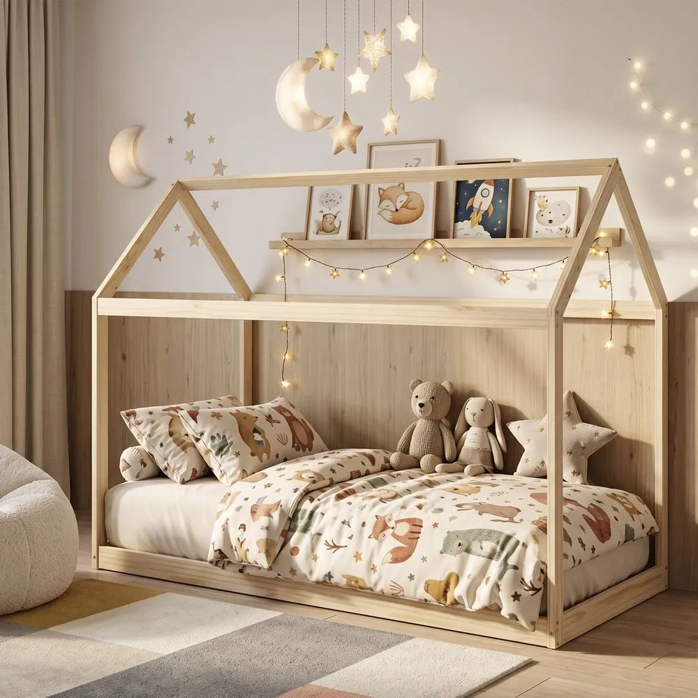 HOMCOM Wooden Single Bed Frame with Tree House Style, Natural Wood Finish