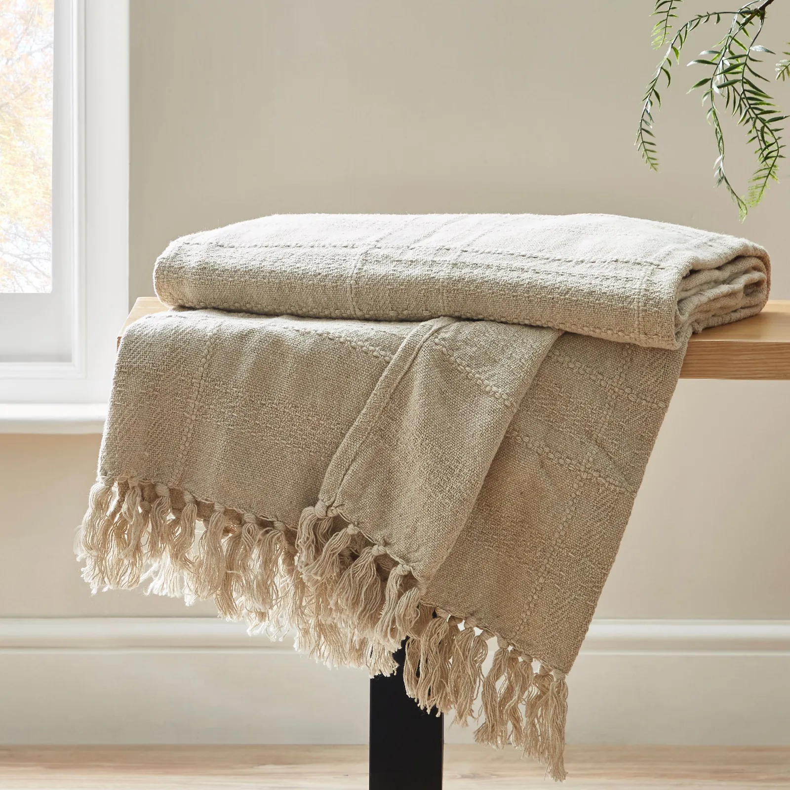 Natural Cotton Check Throw Beige