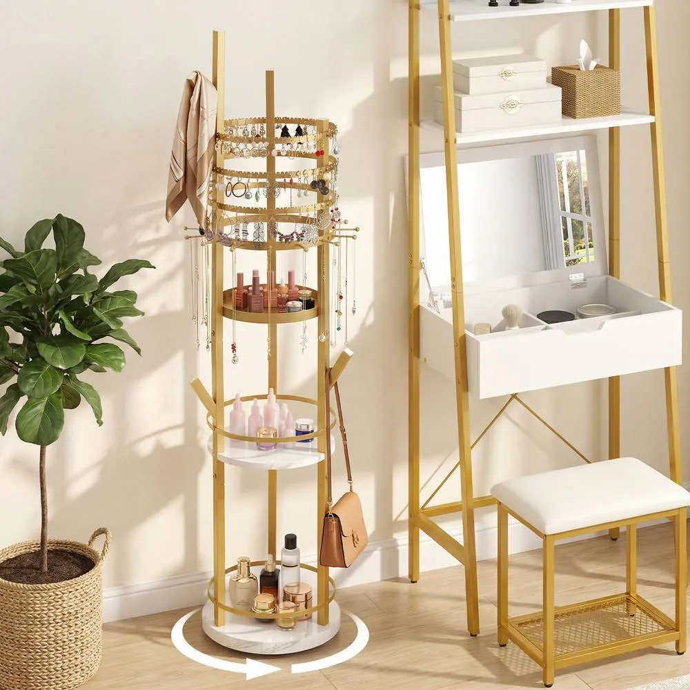 Costway Rotating Jewelry Stand Jewelry Display Tower w/Earring Necklace Holder in Gold 5