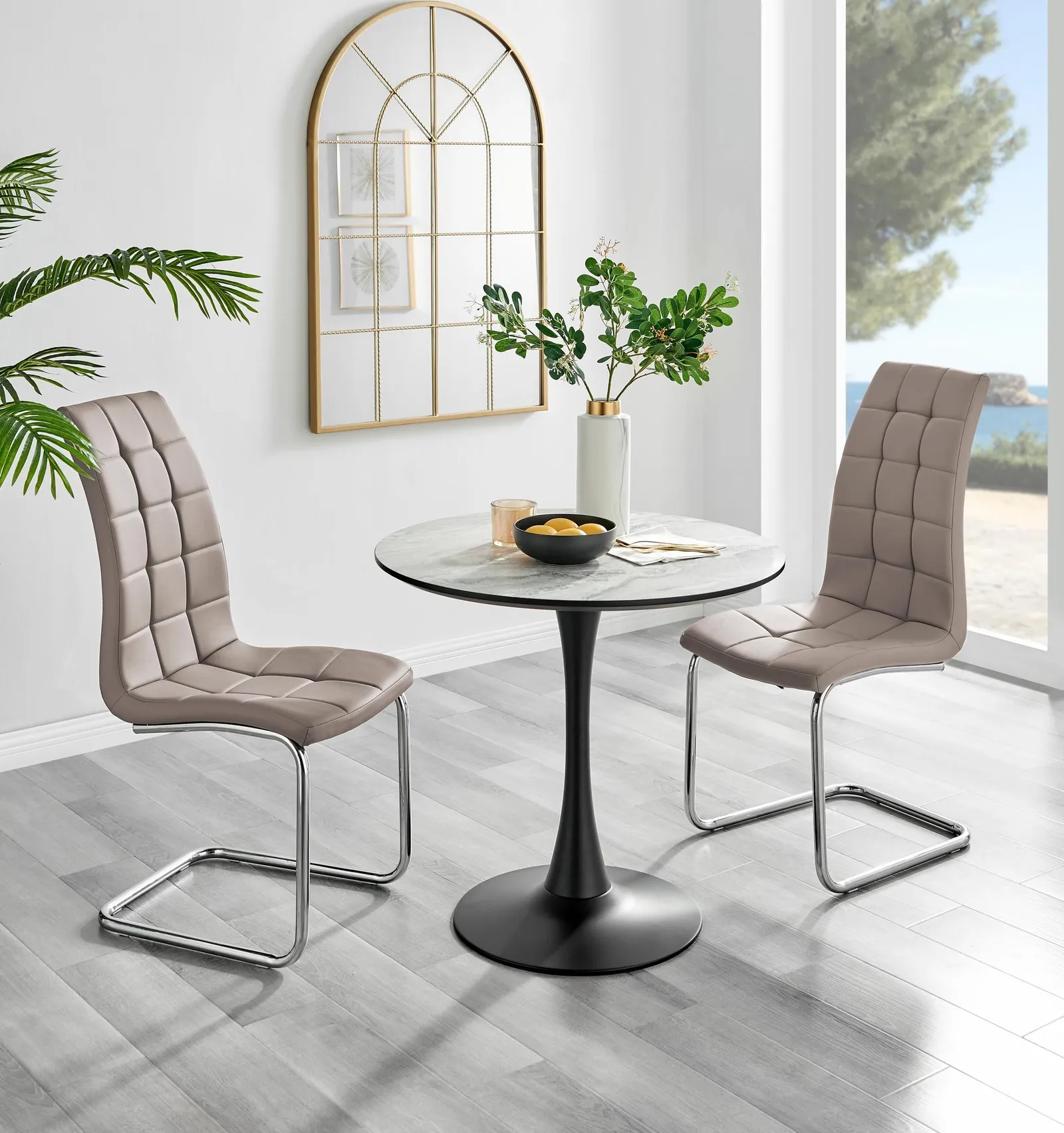 FurnitureboxUK Elina White Marble Effect Scratch Resistant Dining Table & 2 Murano Faux Leather Chairs in Beige 1