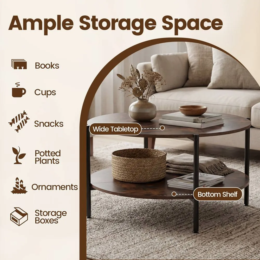 Costway 2-Tier Round Coffee Table Industrial Cocktail Table w/Storage Shelf in Brown 6