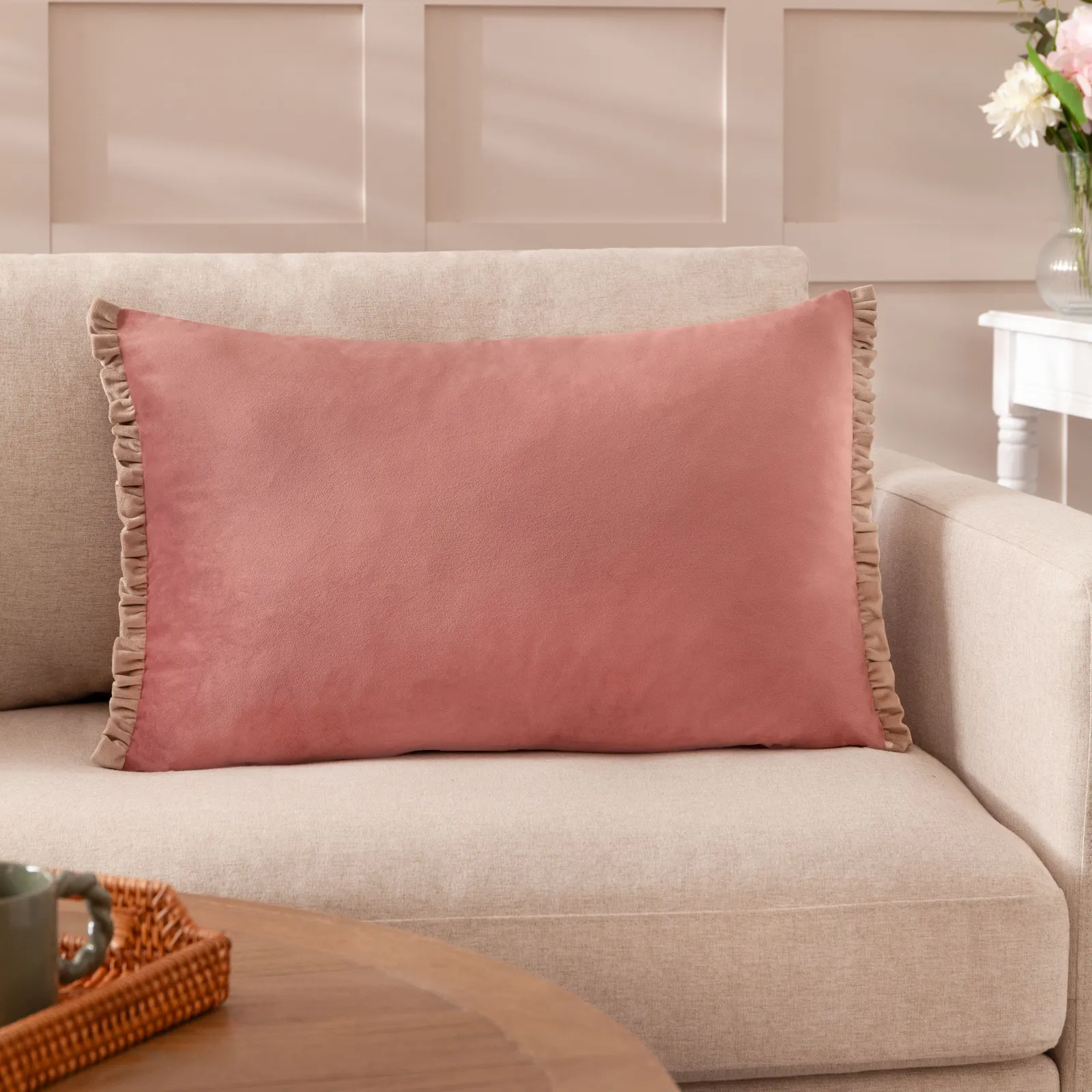 Wylder Tilly Velvet Frill Reversible Cushion in Dusty Pink 1