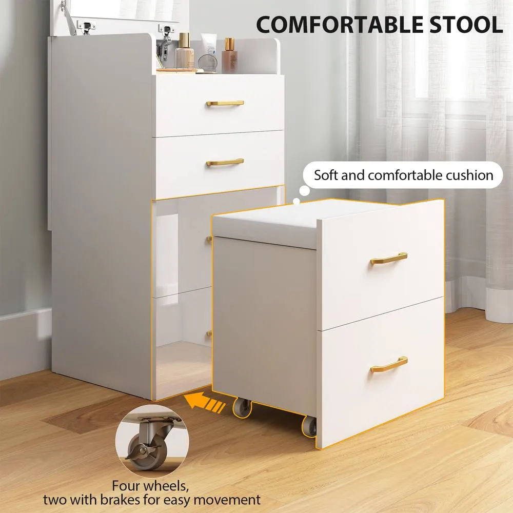 HOMCOM Two-Piece Dressing Table Vanity Desk with Mirror & Cushioned Stool in White 5