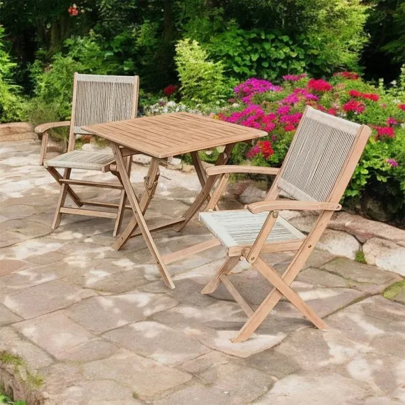 London Square Folding Outdoor Bistro Set with 2 Rope Chairs