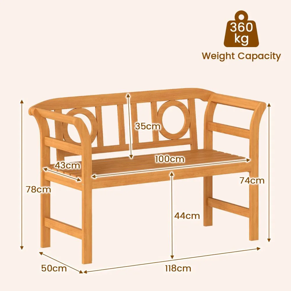 Costway Outdoor Bench Acacia Wood 2-Person Patio Loveseat w/Backrest& Armrests in Natural 3