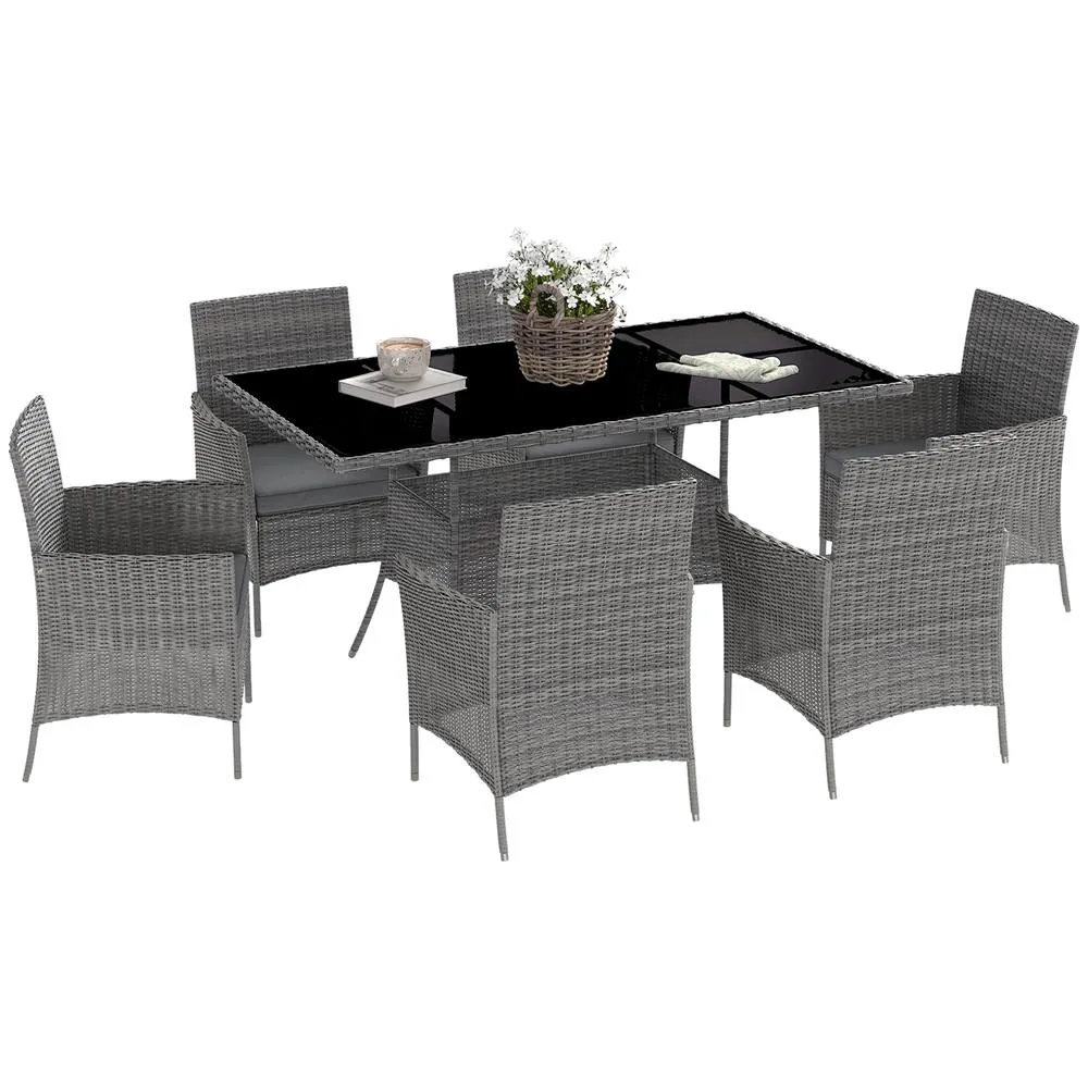 OUTSUNNY Rattan Dining Set for 6 with Cushions, Glass Top Table in Dark Grey 2