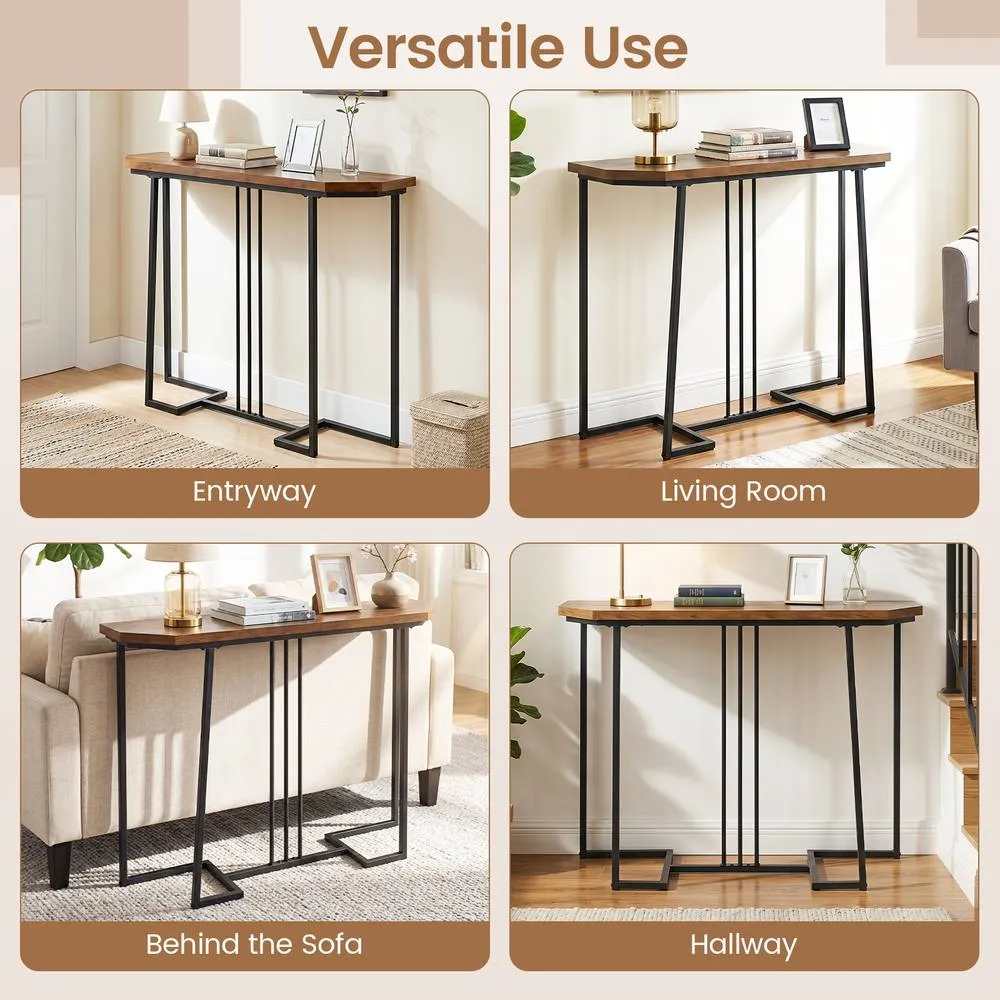 Costway Modern Console Table 110 CM Narrow Entryway Table with Faux Marble Top in Brown 5