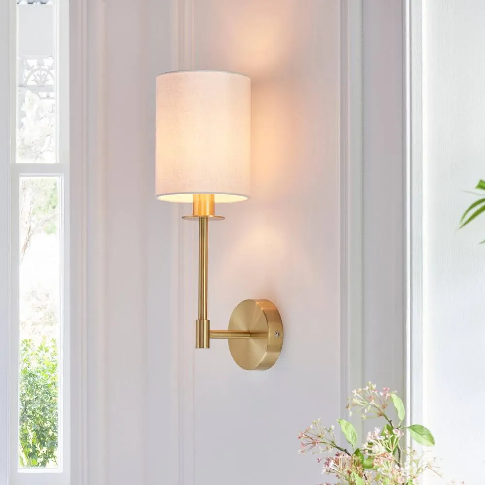 Endon Collection Sancerre Wall Lamp With Shade Satin Brass Plate Vintage White Fabric 1X E14, Gold 2