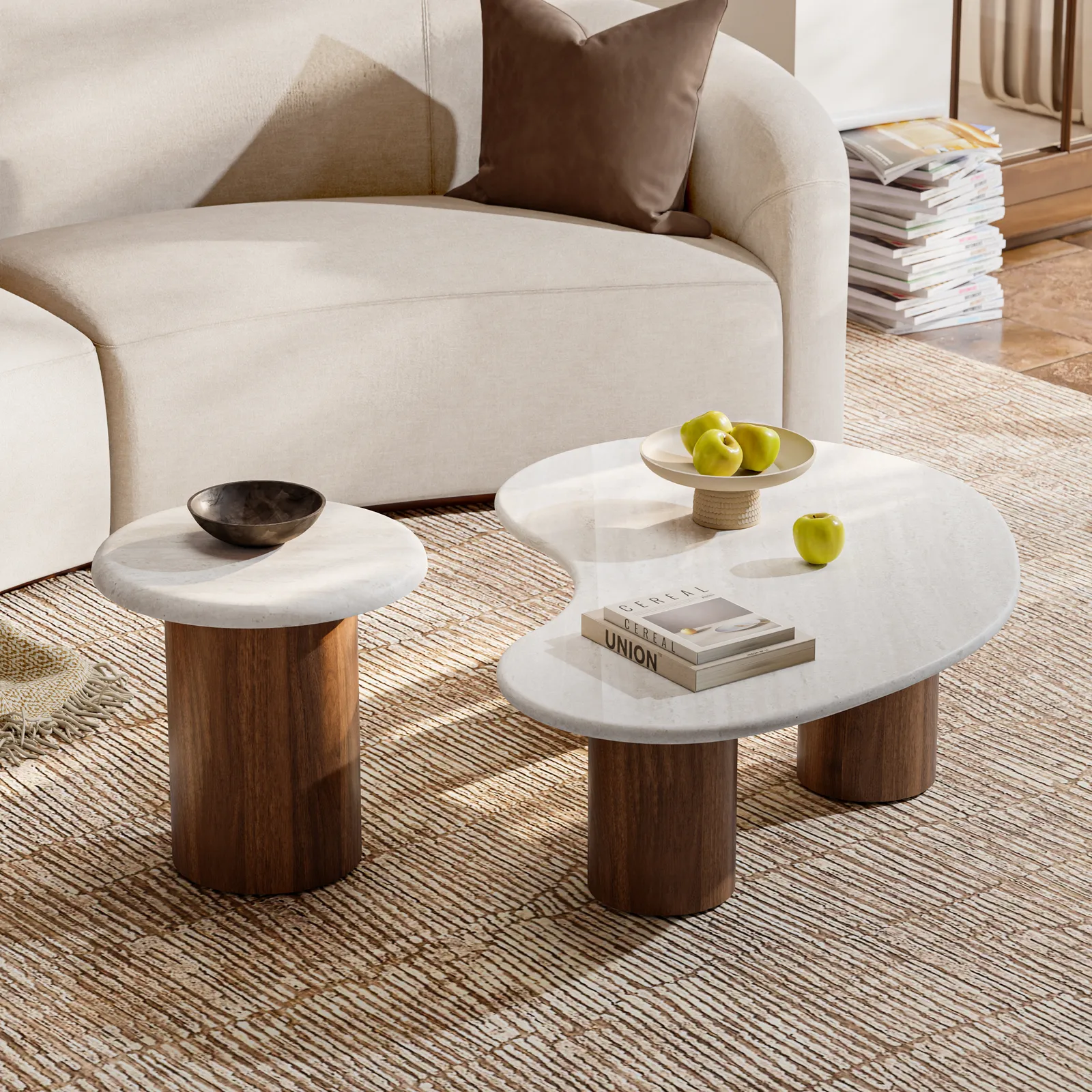 18"-47" Round Concrete Veneer Walnut Coffee Table Set