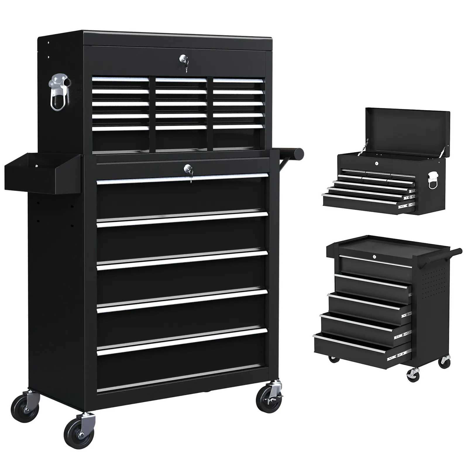 HOMCOM Rolling Tool Cabinet on Wheels with 14 Drawers, Pegboard & Side Rack, Lockable Top Tool Chest & Roller Cabinet Combo for Workshop & Hom 2