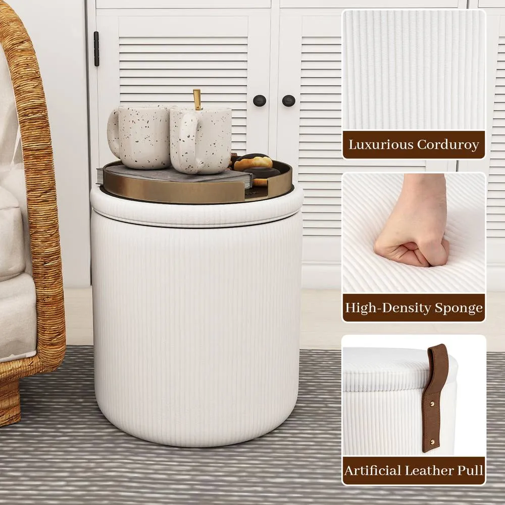 Costway 2PCS Modern Round Ottoman Upholstered Vanity Stools w/ Removable Lids in Beige 6