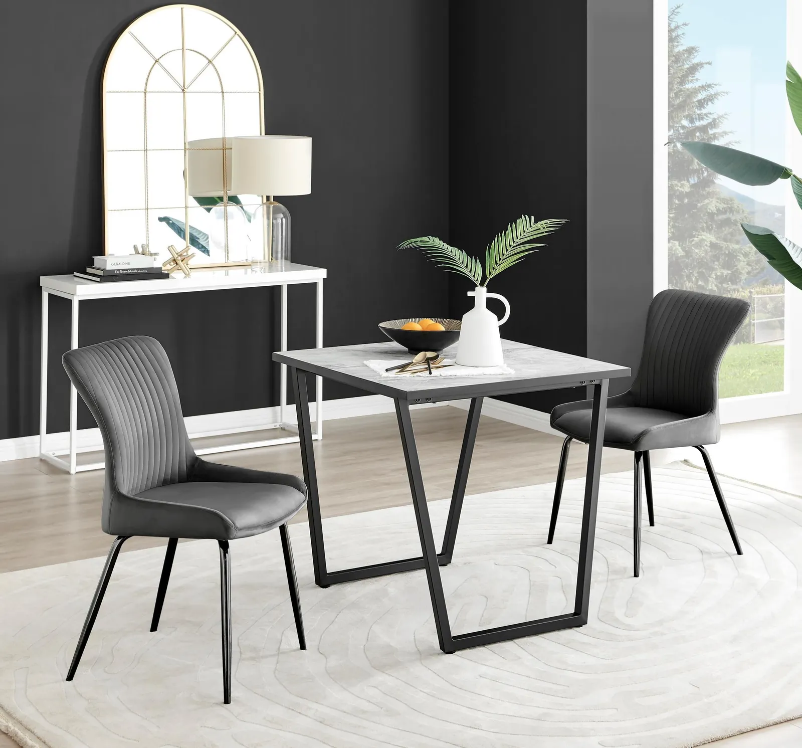 FurnitureboxUK Carson White Marble Effect Square Dining Table & 2 Velvet Nora Black Leg Chairs in Dark Grey