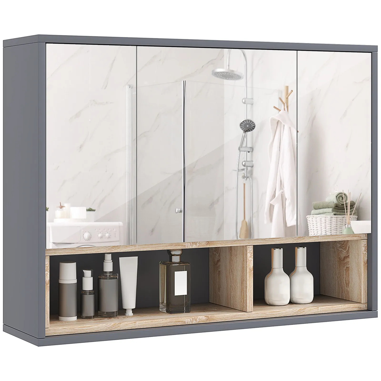 HOMCOM Bathroom Cabinet Wall Mounted Mirror Storage with Shelves Grey 2