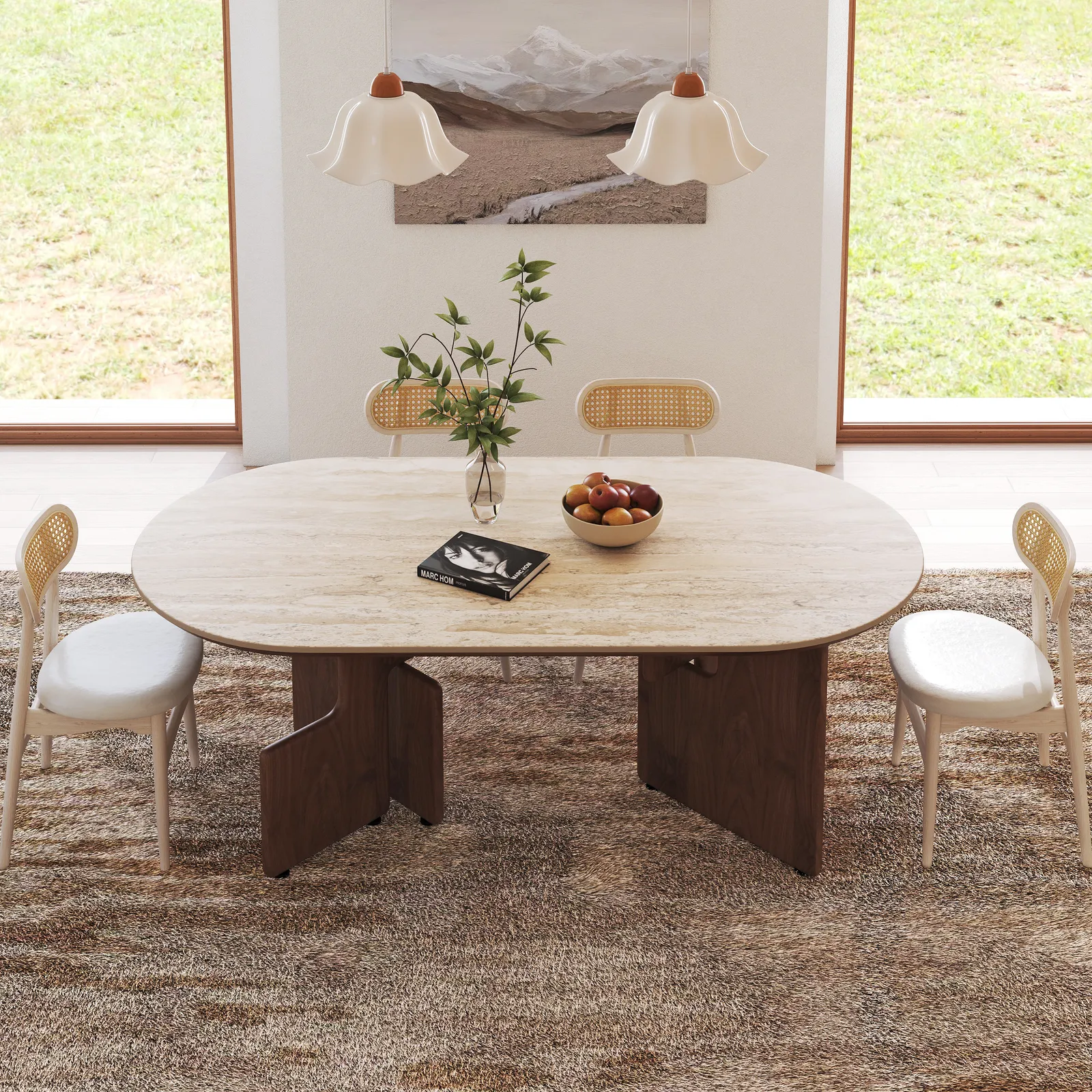 2000mm Oval Dining Table with Faux Travertine Top & Walnut Double Pedestal