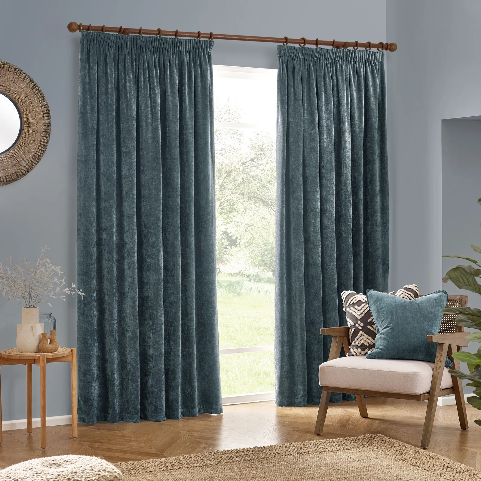 Yard Heavy Chenille Velvet Room Darkening Pencil Pleat Curtain Pair in Blue 2