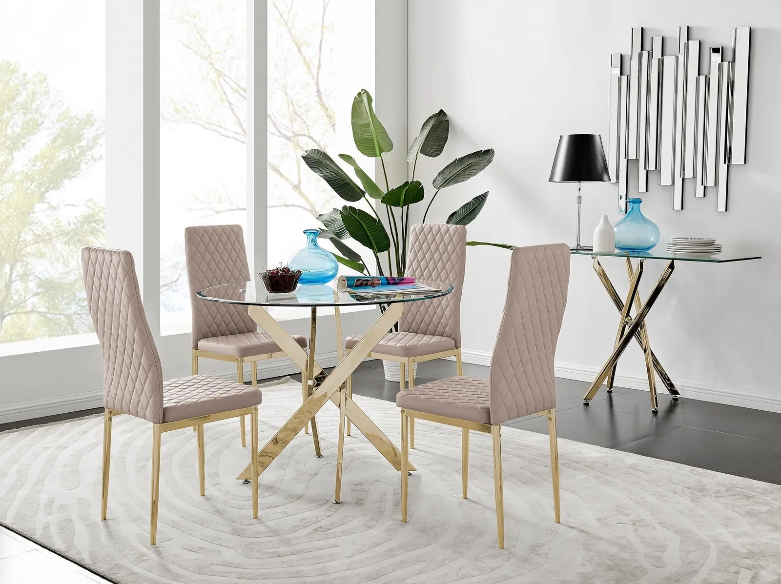 FurnitureboxUK Novara 100cm Round Tempered Glass Dining Table with Gold Legs & 4 Milan Faux Leather Chairs in Beige