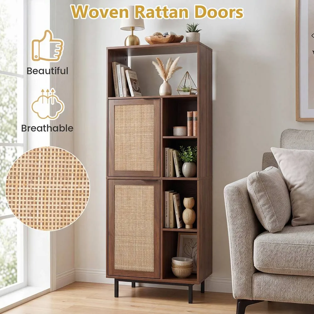 Costway Wooden Floor Cabinet w/Adjustable Shelves 5 Cubes Rattan Bookcase in Brown 6
