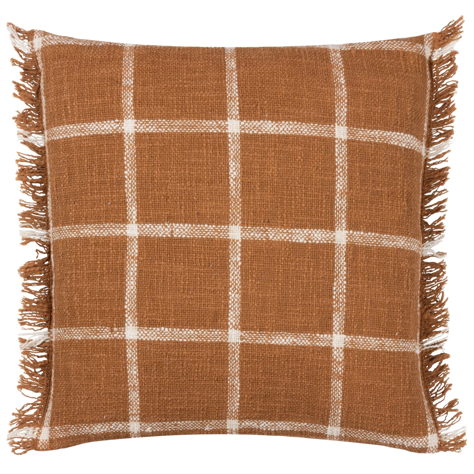 Yard Beni Check 100% Cotton Fringed Cushion in Burnt Orange 2