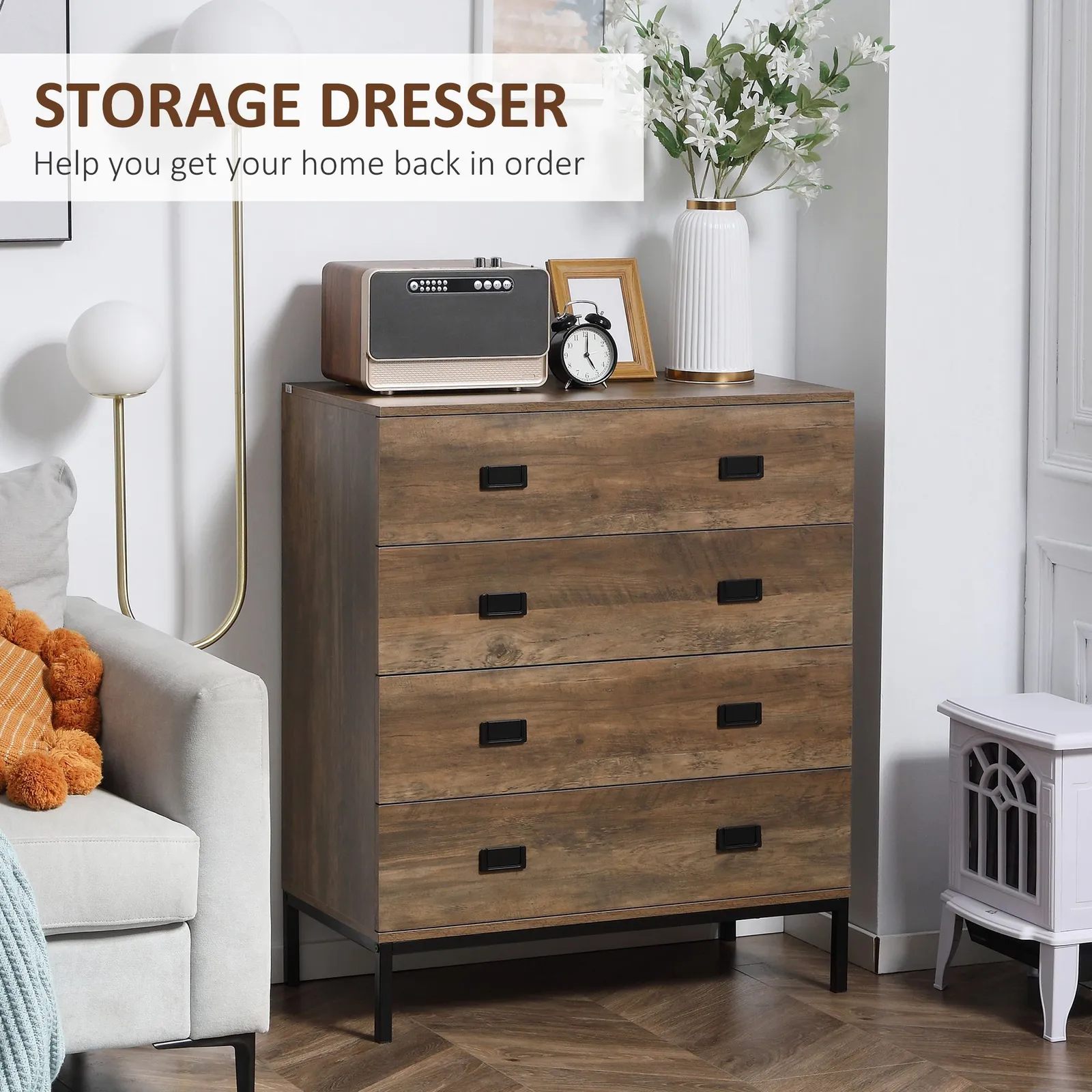 HOMCOM Chest of Drawers 4 Drawer Dresser Storage Cabinet Handles Bedroom in Brown 4