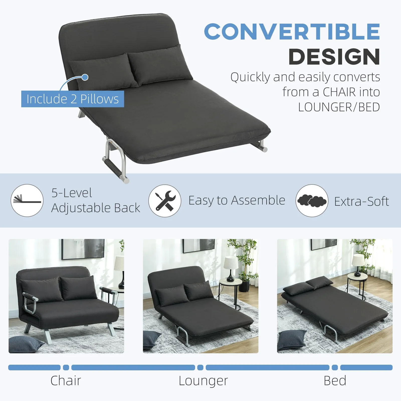 HOMCOM Fabric Sofa, Convertible 2 Seater Sofa Bed w/ Pillows in Dark Grey 4