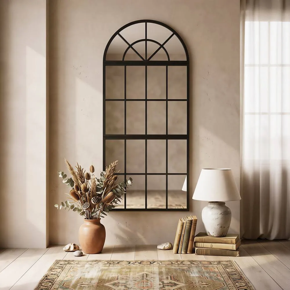 HOMCOM Large Arched Wall Mirror with 3-Piece & Tempered Glass in Black
