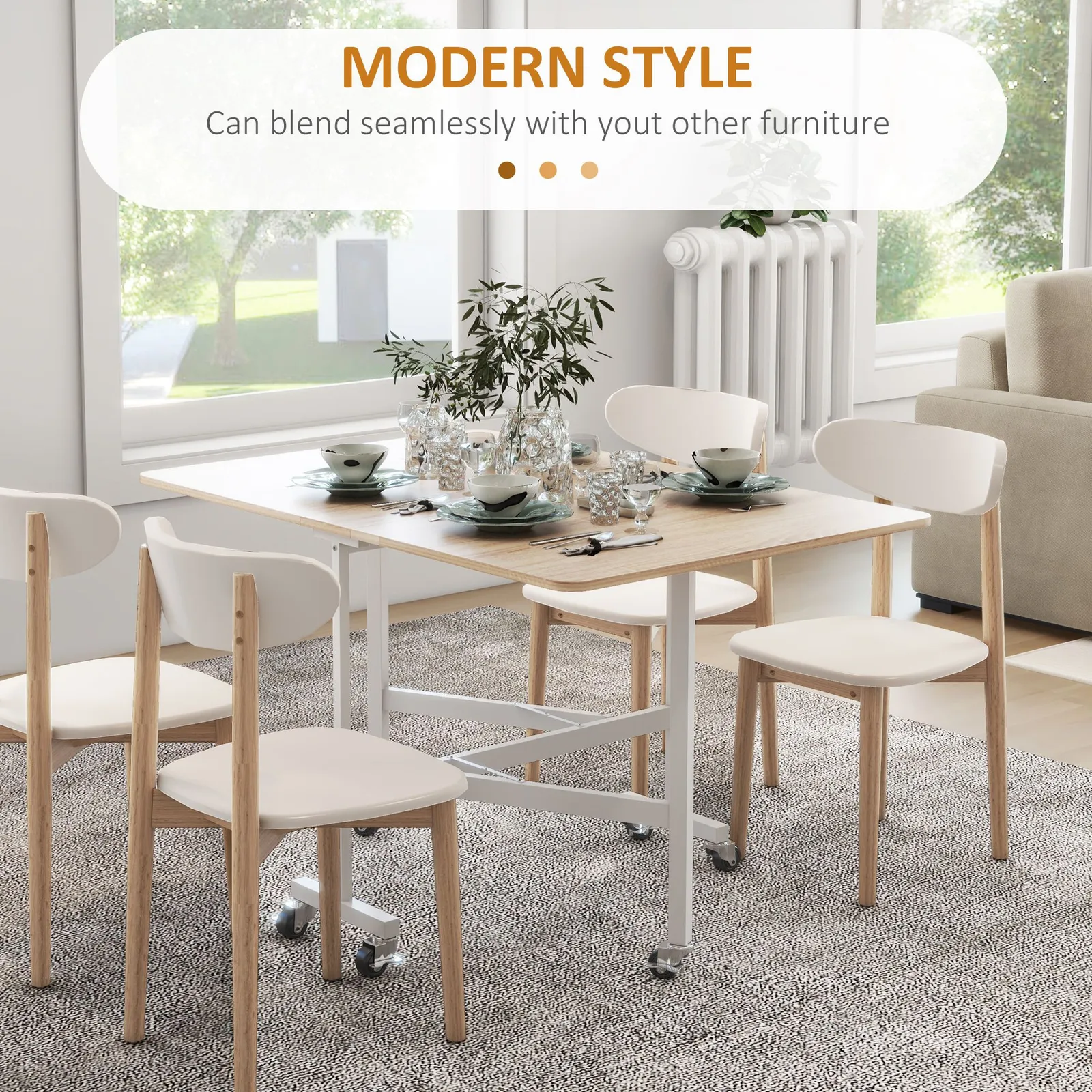 HOMCOM Drop Leaf Table, Folding Dining Table with Metal Frame, Rolling Kitchen Dining Table for Small Spaces, 120cm in Natural 4