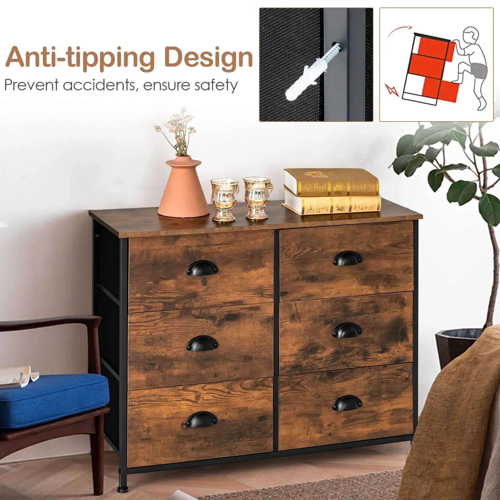 Costway 6 Drawers Dresser Organizer 2-Tier Fabric Storage Organizer Chest of Drawers in Brown 5