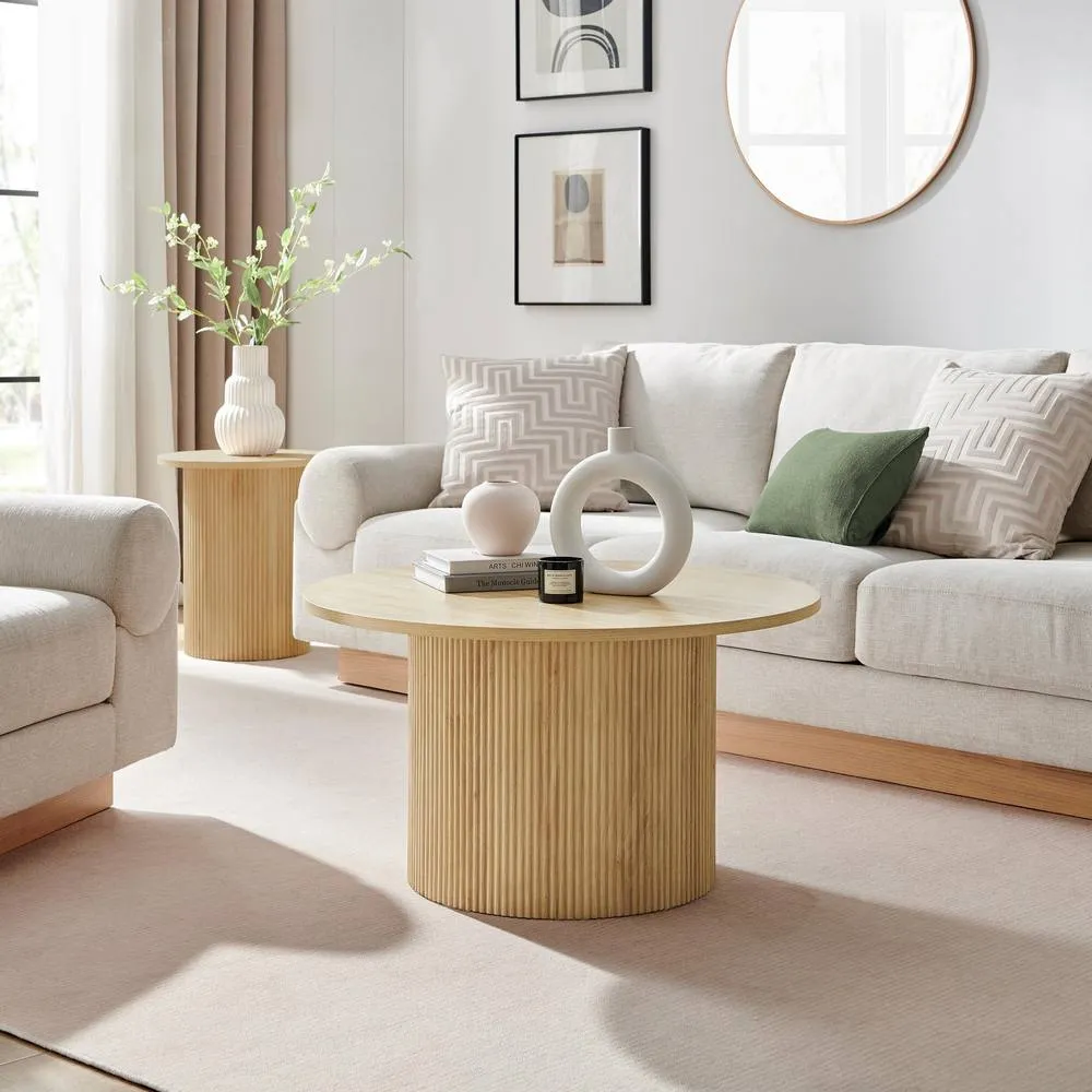 FurnitureboxUK Penrose Round Wood Coffee Table & Side Table Set in Light Oak 2