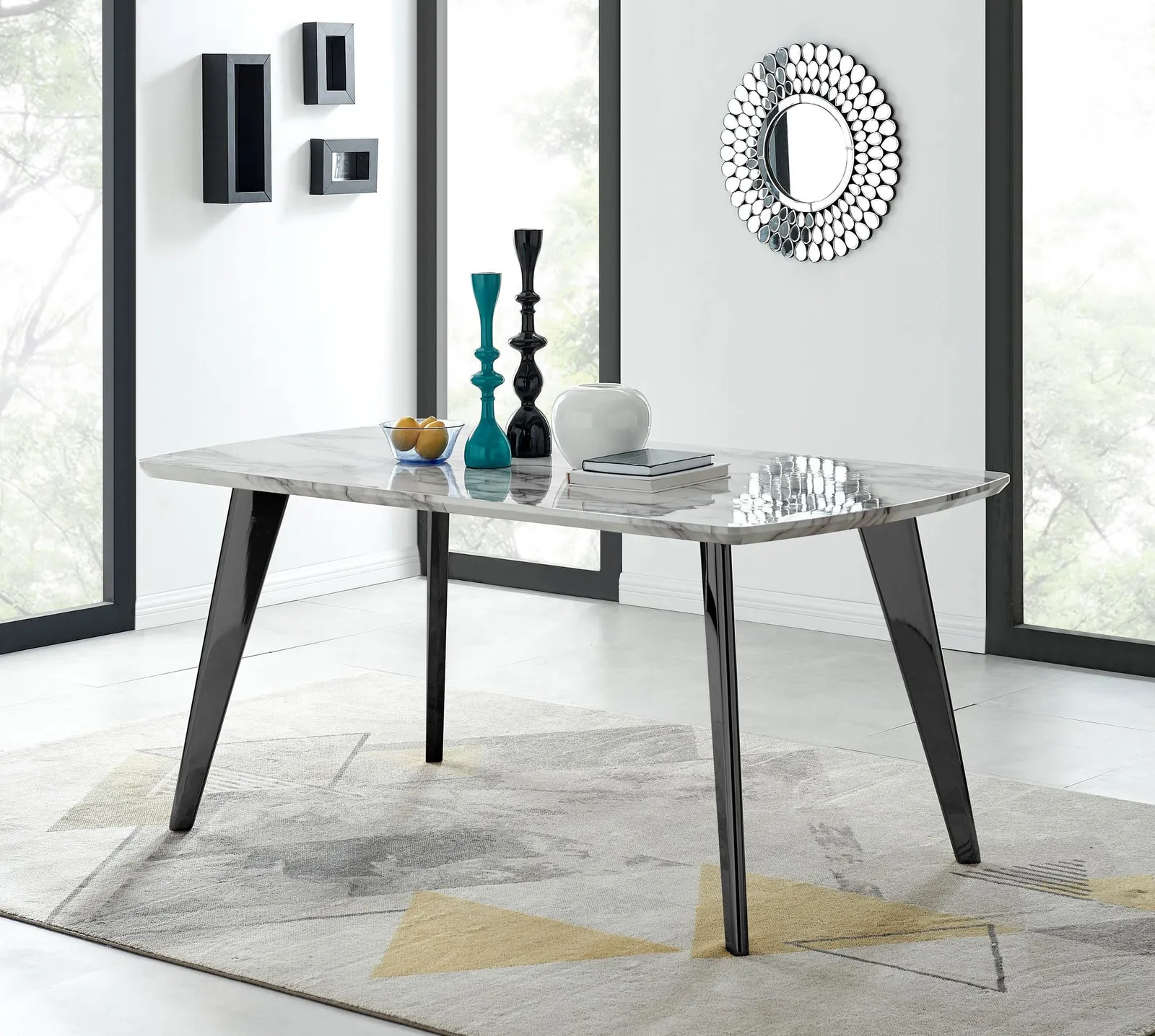 FurnitureboxUK Andria Marble Effect Dining Table With Black Legs & 6 Milan Velvet Black Leg Chairs 2