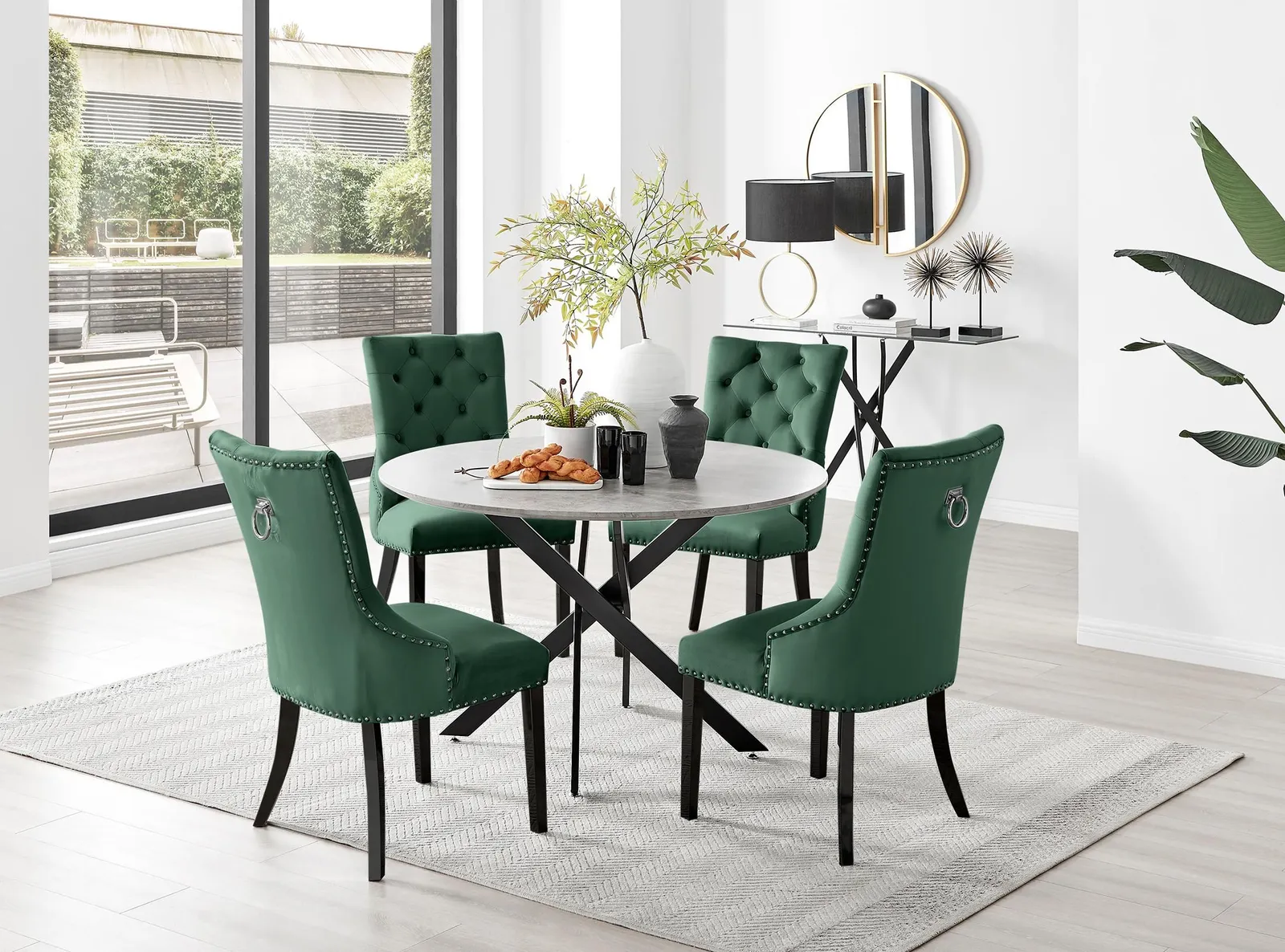 FurnitureboxUK Novara Grey Concrete Effect Black Leg 120cm Round Dining Table & 6 Belgravia Black Leg Chairs in Green