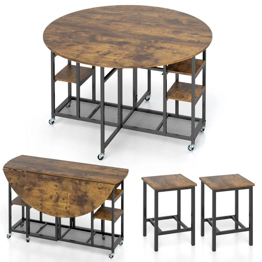 Costway 3-Piece Folding Dining Table Set Round Kitchen Table Set-Brown in Brown 5
