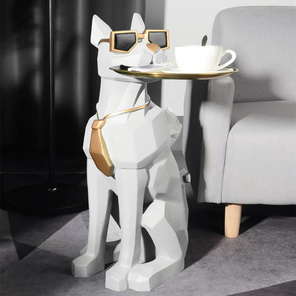 Modern White Resin Dog Sculpture Decorative Cocktail Table Cute End Side Table with Metal Storage Tray Tissue Box
